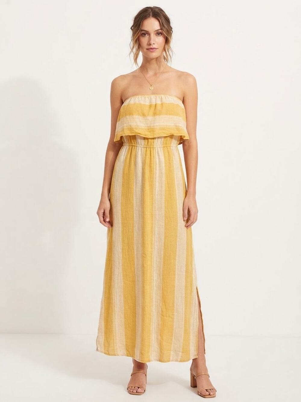 O'Neill Yellow Striped Maxi Dress Off Shoulder Ruffle Smocked Viscose Size XS